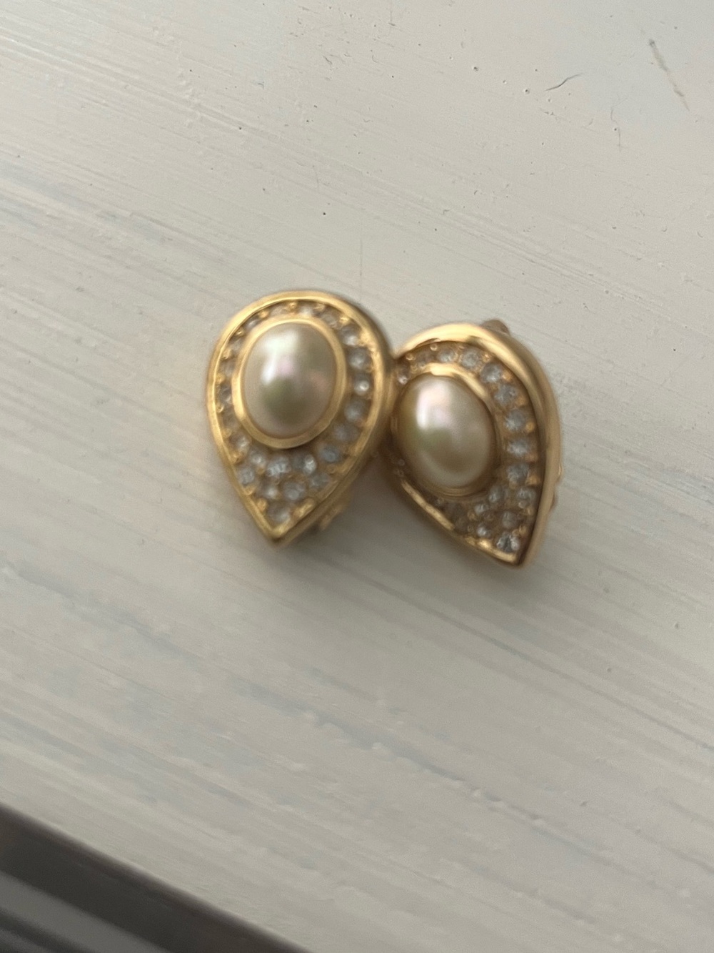 Dior Gold Pearl Teardrop Clip Earrings with Crystal Accents
